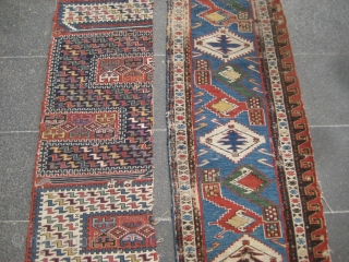 Two caucasian sumack / flatweave fragments.

Dimensions:
Blue ground: 233 X 68cm / 7,64 X 2,23 ft
Red ground:259 X 40cm / 8,49 X 1,31 ft
 

         