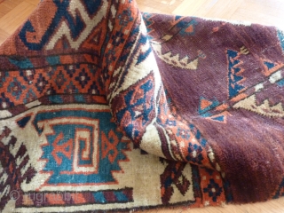 Fragment of a fine old Yomud main carpet.
A complete sample: border, skirt and field. As found condition, needs a bath and a good home.
104cm x 84cm       