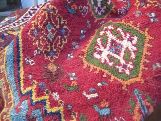 Fragment of an old, small, colorful Rabat rug (232cm. x 135cm.) 

Small animals, high & glossy pile, superb colors -no ugly orange, here it is apricot!-
Nothing to envy to anatolian rugs...

Moth damages  ...