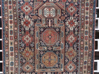 Old and fine Kuba prayer rug  (139 cm. x 104 cm.)
Fine piece with good colors, and a special shield design. 
Low pile, with uneven wear, tiny holes here and there, all  ...