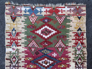Old, fine and colorful small Reyhanli kilim from Anatolia (115 cm. x 82 cm.) Rare familial weaving with wonderful dyes and a lovely size. Could make a great addition to a collection,  ...