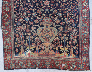 Antique, fine and beautiful Sarouk Ferahan (180 cm. x 124 cm.) Last outer border missing, wear and slits. Several damages and few, old crude repairs, but still more beautiful than most. Spontaneous  ...
