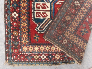 Rare, old and beautiful traditional Karabagh "turtle" 4 medallions rug (270 cm. x 130 cm.) Good condition for its age with high pile all over, some moth bites, few rows of black  ...