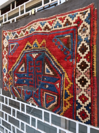 Big old and colorful central anatolian rug fragment (fragment itself: 135 cm x 95 cm) A A rustical piece with thick pile and beautiful dyes. Very decorative and powerful as a hanging,  ...