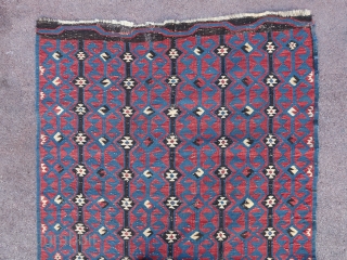 Rare and beautiful fragment of an Avar caucasian kilim (224 cm. x 135 cm.)
Interesting archaic positive/negative design.
Condition as shown, some scattered repairs, wear and losses.
Shipping at cost worldwide     