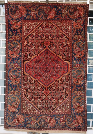 Old and colorful unusual Malayer rug (200 cm x 130 cm)
Cristal clear colors including a nice green , blue and aubergine, heavily abrashed, overall good condition. Luxuriant boteh border, some small birds  ...