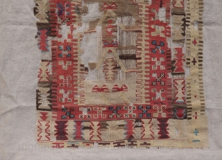 Unique and old Central Anatolian iconic kilim (Kilim: 139 cm. x 92 cm. / Fabric: 183 cm. x 138 cm.) Huge amount of natural beige and dark brown wool, multiple borders with  ...