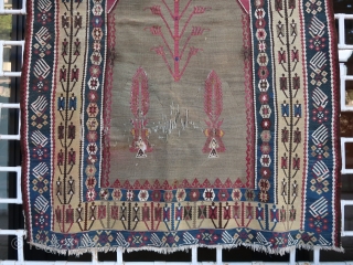 Old and fine dated Erzurum prayer kilim (180 cm. x 124 cm.) Fine weaving with golden and silver threads. Stains and repairs visible on pictures (hd pics on demand). Price unrelated to  ...