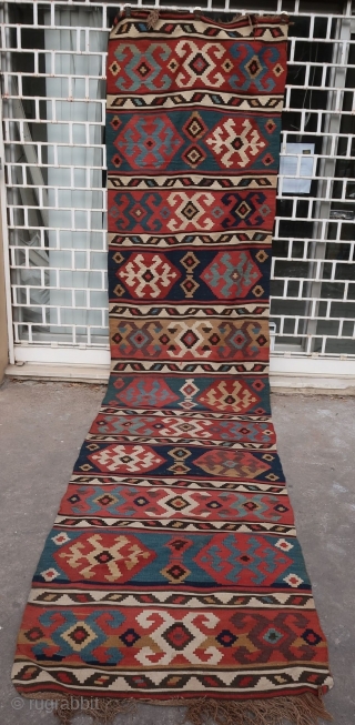 Old, long, and bold Shahsavan kilim in good condition (450 cm x 105 cm)
Unusual size and lovely color variations for this authentic, joyful, and decorative piece.
As usual, price unrelated to beauty and  ...