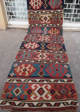 Old, long, and bold Shahsavan kilim in good condition (450 cm x 105 cm)
Unusual size and lovely color variations for this authentic, joyful, and decorative piece.
As usual, price unrelated to beauty and  ...