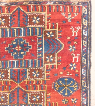 Rare and beautiful Caucasian Kuba carpet (284cm. x 162cm. / 9'3'' x 5'3''), Very nice design, with spaces making positive and negative repeated medallions. Pile medium to low with few little spots  ...