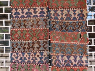 Old colorful and wild anatolian kilim (in 2 bands, approx. 245 cm x 72 cm each) Wonderful colors, primitive and unique design. Could make a powerful wallhanging, especially in a modern interior.  ...