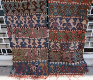 Old colorful and wild anatolian kilim (in 2 bands, approx. 245 cm x 72 cm each) Wonderful colors, primitive and unique design. Could make a powerful wallhanging, especially in a modern interior.  ...