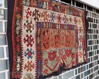 Fabulous, old, big and rare colorful Inlice (Konya area) tulip kilim fragment (137 cm. x 102 cm.) Mounted on a black fabric, clean and ready to display. Shipping worldwide at cost. If  ...