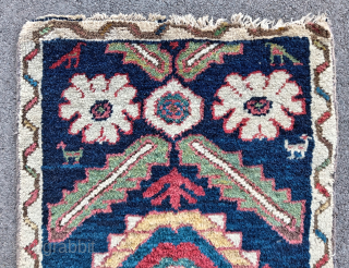 Rare, old and colorful, antique persian kurdish rug mat (58 cm. x 48 cm.)
High pile all over, Mina Khani design, rustical, with glowing abrashed colors.
Condition visible on pictures: damaged at ends, roughly ...