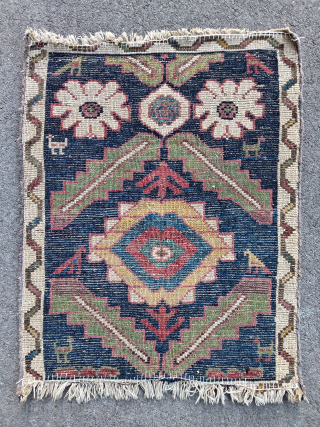 Rare, old and colorful, antique persian kurdish rug mat (58 cm. x 48 cm.)
High pile all over, Mina Khani design, rustical, with glowing abrashed colors.
Condition visible on pictures: damaged at ends, roughly ...