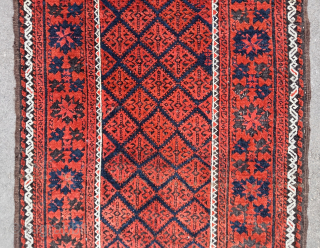 Old and colorful Baluch rug (176 cm. x 96 cm.)
Very good condition for its age, complete, with corroded black, intense solid orange and deep blue ground.
Only few very small moths bites.
Shipping worldwide ...