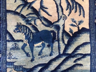 Chinese Baotou rug, about 120 years, there is a Chinese idiom called "washing a horse in the willow forest", according to the idyllic mood of the idiom composition of the pattern.size 78*158cm(30*62”) 