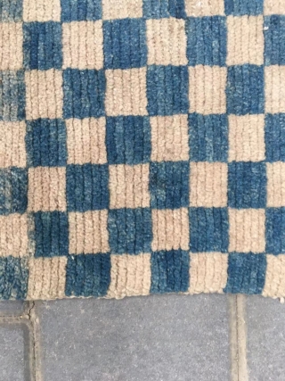 Tibetan rug, blue white square checker board, about late Qing Dynasty. A pair of cushion. Size 45*45cm(18*18”)                