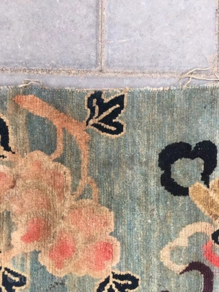 Tibetan rug, moon blue background with Chinese eight treasure veins. About mid Qing Dynasty, good age. The row knitting very tightly . Size 61*86cm( 24*34”)        