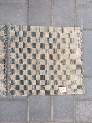 Tibetan rug, blue white square checker board, about late Qing Dynasty. A pair of cushion. Size 45*45cm(18*18”)                