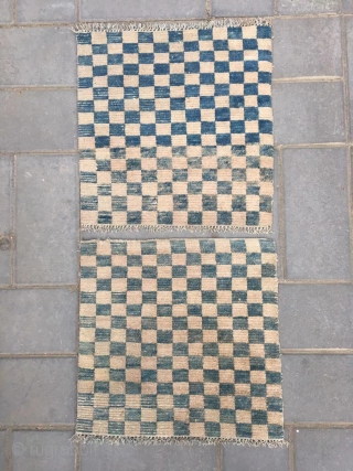 Tibetan rug, blue white square checker board, about late Qing Dynasty. A pair of cushion. Size 45*45cm(18*18”)                