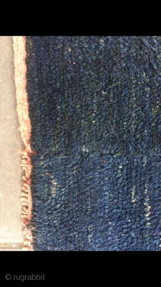 Tibetan rug. Blue green background with four strips , good age. Size 80*153cm( 31*60”)                   