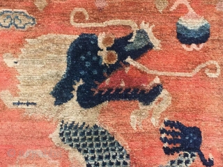 Chinese rug, red dragon pillar , it was produced in Zuoqi area Inner Mongolia. About mid Qing Dynasty, good age and complete one. Size 76*230cm(30*90”)        