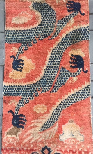 Chinese rug, red dragon pillar , it was produced in Zuoqi area Inner Mongolia. About mid Qing Dynasty, good age and complete one. Size 76*230cm(30*90”)        