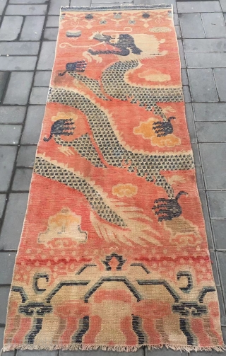 Chinese rug, red dragon pillar , it was produced in Zuoqi area Inner Mongolia. About mid Qing Dynasty, good age and complete one. Size 76*230cm(30*90”)        