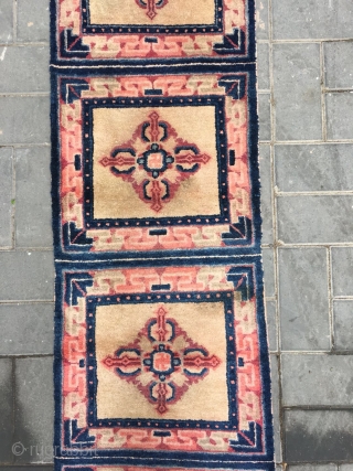 Ningxia runner carpet, six joined mats, light camel background with Buddha turns wheel veins. Very good age and condition.size 355*60cm(138*23”)             