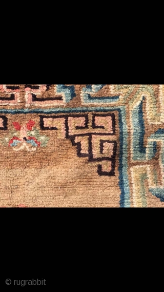 Tibetan rug, very nice camel background with three group flowers veins. Wool warp and weft . Very good and light wool quality. About late Qing Dynasty. Complete one. No any repair. Size  ...