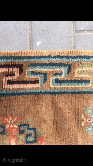 Tibetan rug, very nice camel background with three group flowers veins. Wool warp and weft . Very good and light wool quality. About late Qing Dynasty. Complete one. No any repair. Size  ...