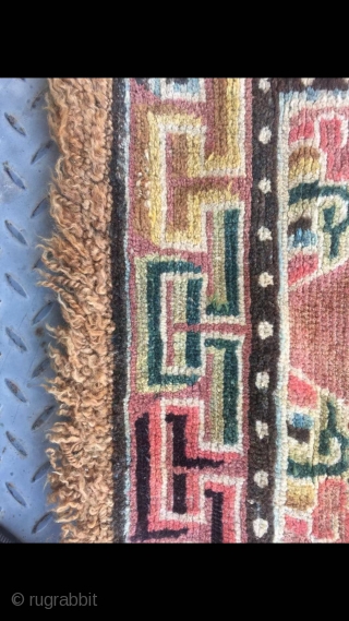 Tibetan rug, square seating rug, wool warp and weft.single cross flower with lucky cloud veins. About mid Qing Dynasty, good condition no any repair. Size 66*66cm(26*26”)       