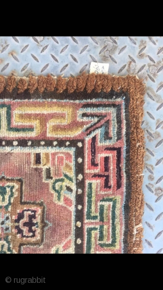 Tibetan rug, square seating rug, wool warp and weft.single cross flower with lucky cloud veins. About mid Qing Dynasty, good condition no any repair. Size 66*66cm(26*26”)       