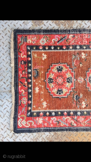 Tibetan rug, group flower pattern with Chinese Bogu veins selvage. Good age and condition. Size 138*75cm(53*29)                 