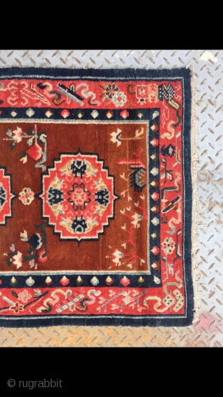 Tibetan rug, group flower pattern with Chinese Bogu veins selvage. Good age and condition. Size 138*75cm(53*29)                 