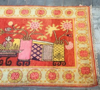 Xinjiang rug, it was produced Khotan area in Xinjiang China. Red background with Chinese antique Bogu veins. Good age and condition. Size 120*195( 47*76”)         