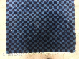 Tibetan rug, two blue square checker board veins. Good age and condition. Size 91*154cm (35*60”)                  