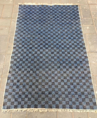 Tibetan rug, two blue square checker board veins. Good age and condition. Size 91*154cm (35*60”)                  