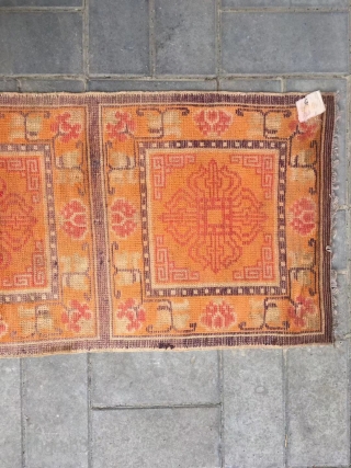 Ningxia rug, orange color with Buddha wheel veins. It was produced in early 20th century. Good age and condition. Size 60*165 cm(23*164”)           