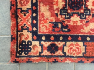 #2045 Baotou rug, lama sitting mat, red background with single group flower veins, around four bats and flower selvage. Good age and quality. Size 70*70cm(27*27")        