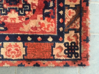 #2045 Baotou rug, lama sitting mat, red background with single group flower veins, around four bats and flower selvage. Good age and quality. Size 70*70cm(27*27")        