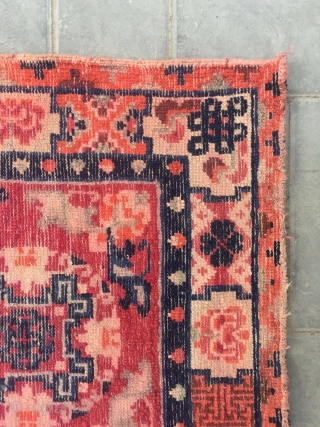 #2045 Baotou rug, lama sitting mat, red background with single group flower veins, around four bats and flower selvage. Good age and quality. Size 70*70cm(27*27")        