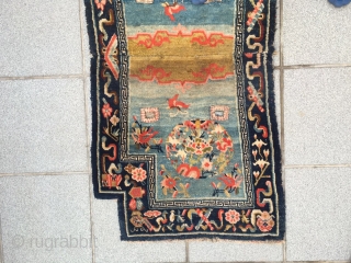 #2049 Tibet horse saddle, moon blue background with group flowers pattern, around eight treasures of Buddha selvage. Good age and quality. Wool warp and weft. Size 123*62cm(48*24")      