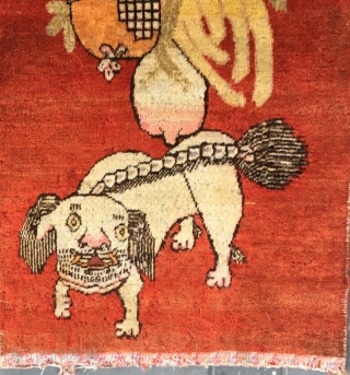 Chinese Xinjiang Khotan rug, red background with very rare lion pattern. About 1930. Good condition. Size 75*146cm(29*58”)                