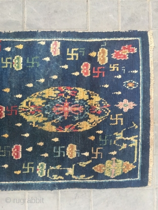 #2056 Tibet rug, blue background with colorful flower group pattern, around full of Buddha fingers , lucky cloud and flowers veins. Very good age, wool warp and weft, size 151*76cm (59*30")  