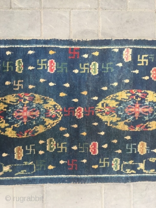 #2056 Tibet rug, blue background with colorful flower group pattern, around full of Buddha fingers , lucky cloud and flowers veins. Very good age, wool warp and weft, size 151*76cm (59*30")  