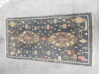 #2056 Tibet rug, blue background with colorful flower group pattern, around full of Buddha fingers , lucky cloud and flowers veins. Very good age, wool warp and weft, size 151*76cm (59*30")  