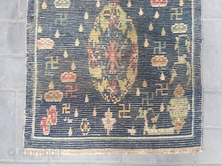 #2056 Tibet rug, blue background with colorful flower group pattern, around full of Buddha fingers , lucky cloud and flowers veins. Very good age, wool warp and weft, size 151*76cm (59*30")  